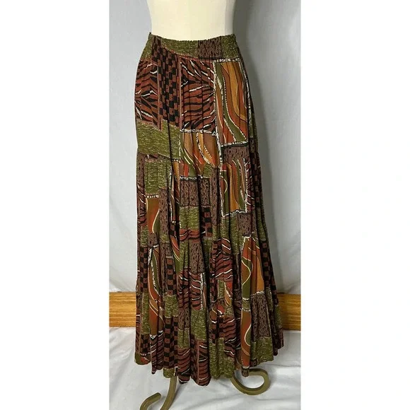 Silk Stop Originals Boho Patchwork Maxi Skirt Brown Green Earth Tones Size S - Picture 2 of 7